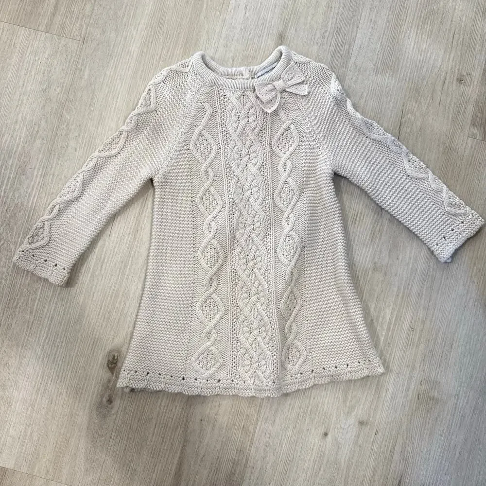 Cupcakes & Cashmere Girls Cable Knit Sweater Dress Bow Neutral Cream Size 18M